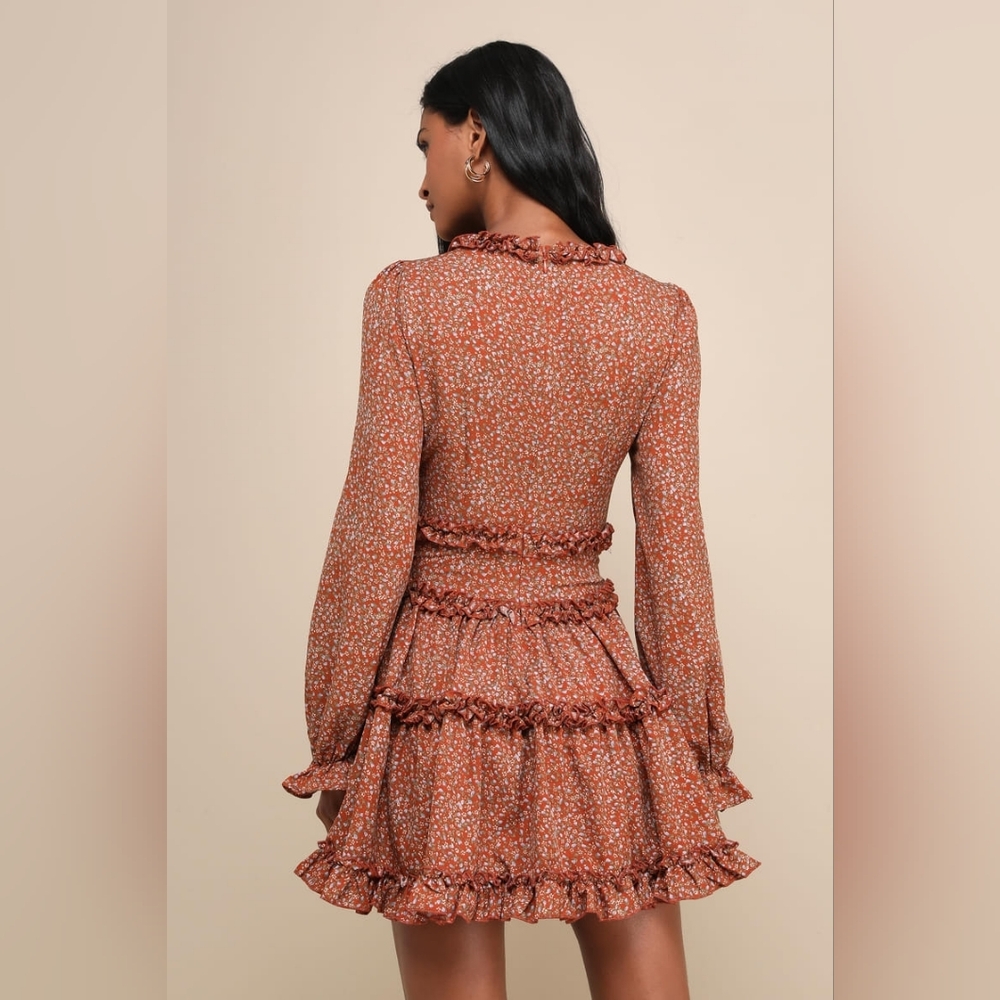 Lulus Admire You Orange Floral Print Ruffled Long Sleeve Mini Dress - Picture 3 of 12